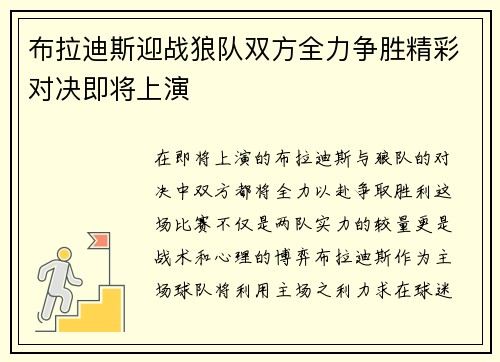 布拉迪斯迎战狼队双方全力争胜精彩对决即将上演